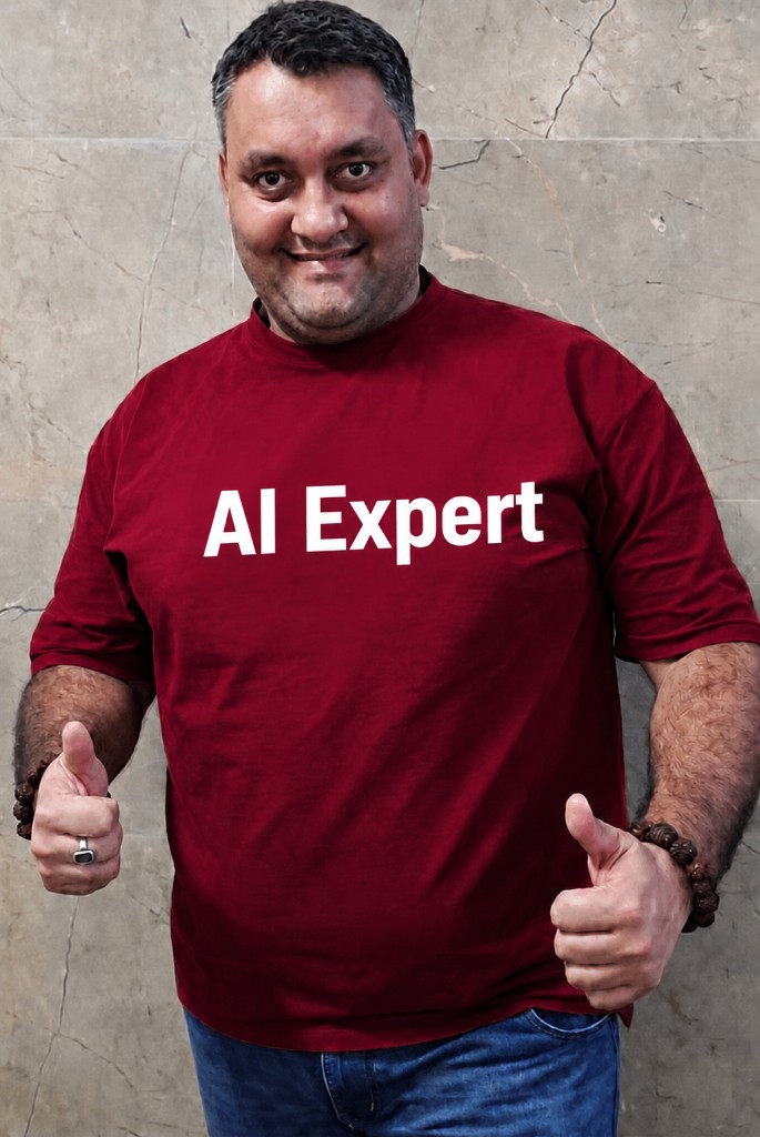 Prayag Kaushik, founder of A1 Solutions, AI expert wearing AI Expert t-shirt